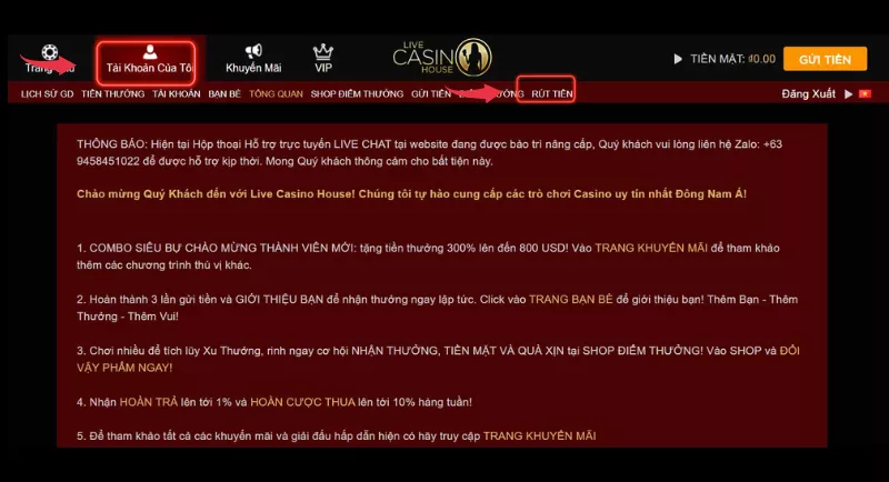 hướng dẫn rút tiền live casino house dễ hiểu 8 chọn rút tiền