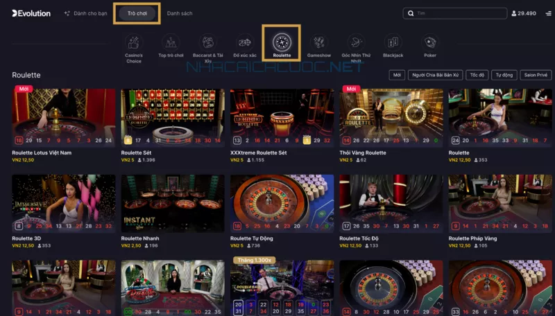 hướng dẫn cách chơi roulette w88 đơn giản cho bạn mới 5 bước 2: chọn bàn chơi roulette w88