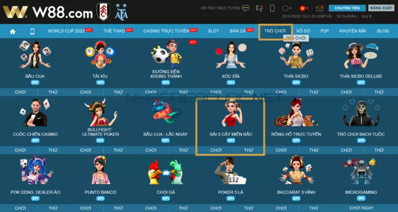 hướng dẫn chơi bài 3 cây w88 đơn giản dành cho tân thủ 3 bước 2: chọn game bài 3 cây miền bắc w88
