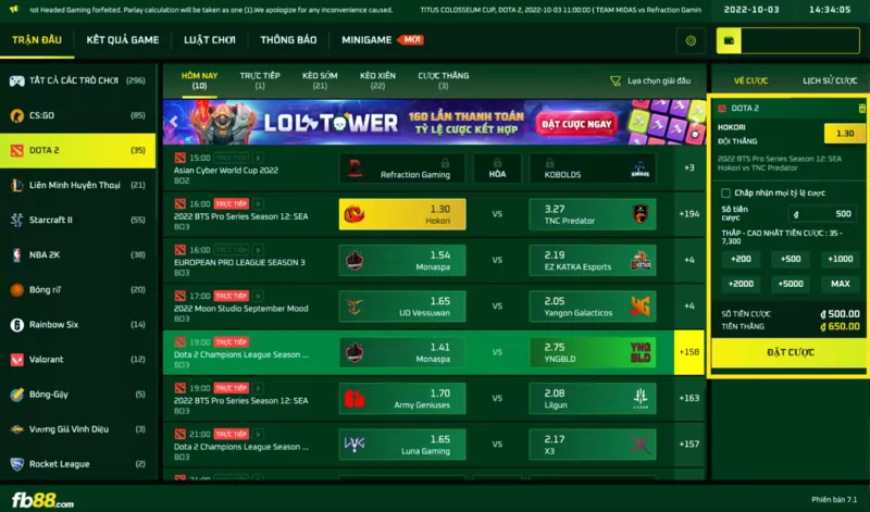 hướng dẫn cách cược esport fb88 đơn giản dễ hiểu 10 bước 3: tiến hành đặt cược esport fb88