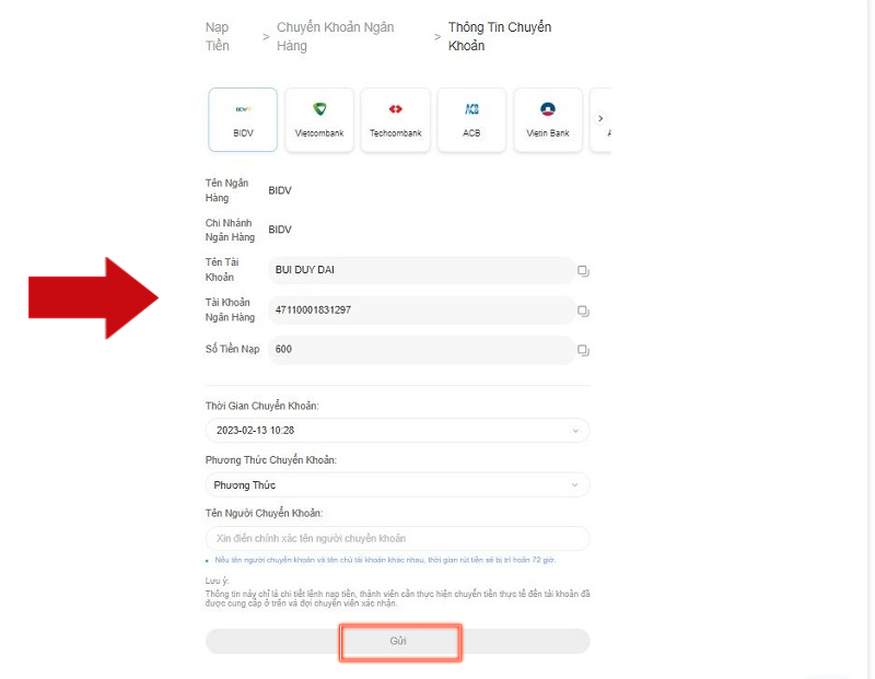 hướng dẫn nạp tiền 8xbet tiện lợi chỉ 5 phút 6 điền thông tin nạp tiền 8xbet