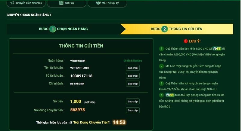 hướng dẫn cách nạp tiền fb88 nhanh chóng và chính xác nhất 11 chuyển tiền vào tài khoản của nhà cái fb88