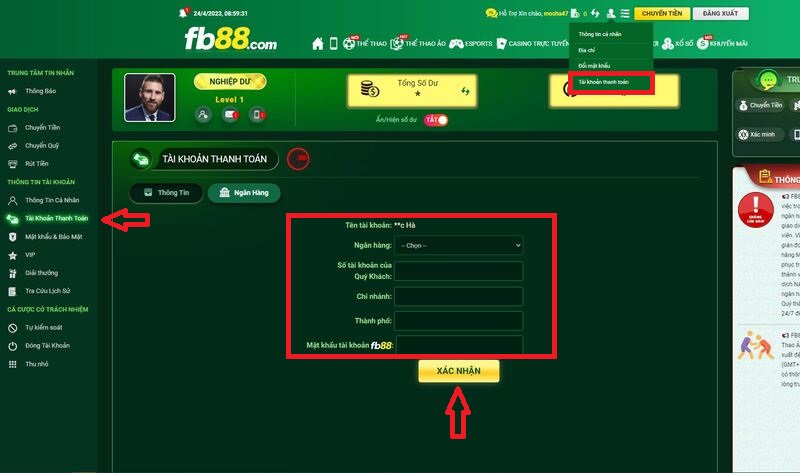 cách rút tiền fb88 thành công chỉ với 4 bước cơ bản 5 cập nhật tài khoản ngân hàng