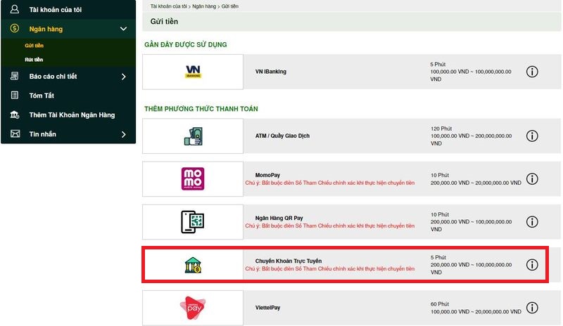 hướng dẫn nạp tiền v9bet chính xác nhất hiện nay 16 chuyển khoản trực tiếp