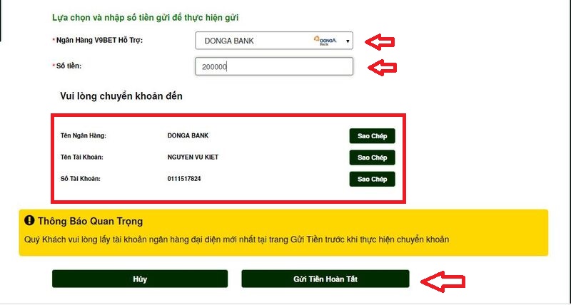 hướng dẫn nạp tiền v9bet chính xác nhất hiện nay 15 lấy số tài khoản