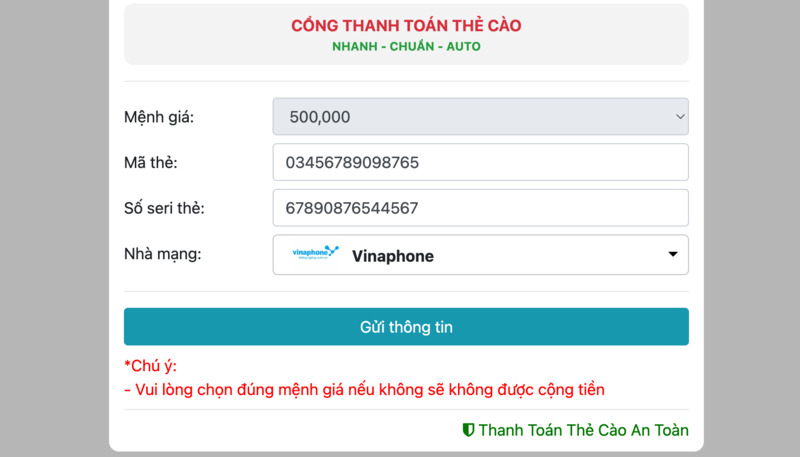 hướng dẫn nạp tiền shbet nhanh nhất, đơn giản nhất 14 chúng ta lựa chọn loại thẻ cào và chọn đúng mệnh giá để có thể được cộng tiền.